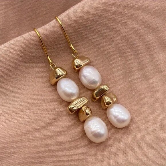 14K Gold Womens Hanging Drop Stacked Pearl Earrings Natural Freshwater Pearls
